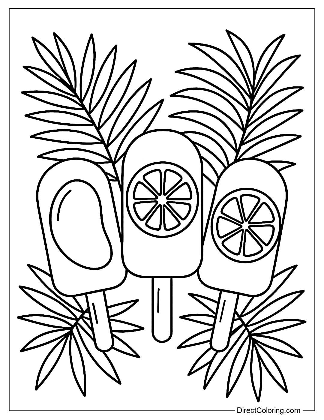 Coloring page of 3 tropical popsicles: mango - orange - lemon, with decorative palm leaves.